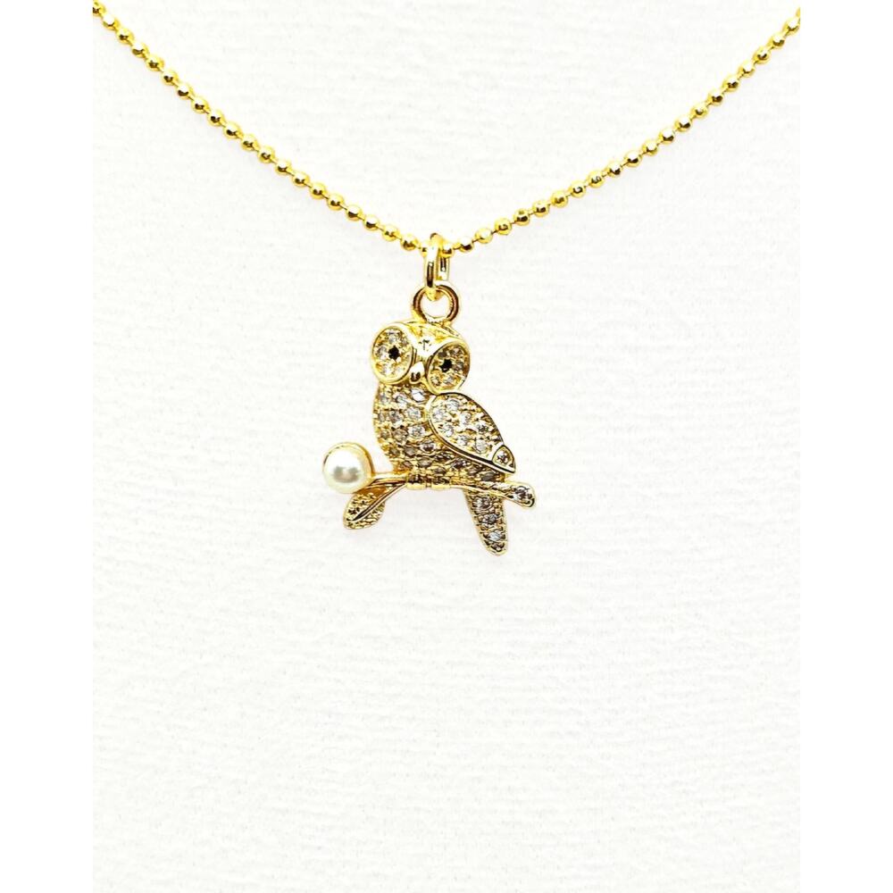 Owl Necklace Pendant CZ Pearl Accent Dainty Gold Plated Adjustable Chain Animal